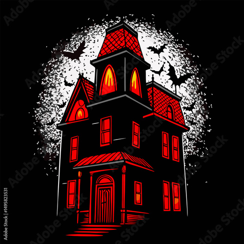 Gothic victorian haunted house halloween illustration