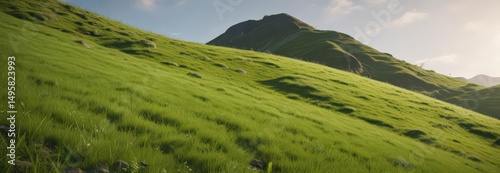 Gentle slope, vibrant green grass, sunlit hill ,  verdant,  hill