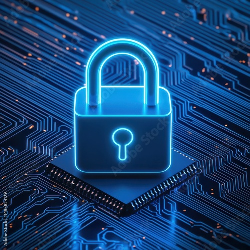 Wallpaper Mural A glowing padlock sits on a microchip, symbolizing cybersecurity and digital data protection on a blue electronic circuit background. Torontodigital.ca