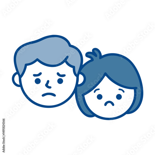 Sad cartoon couple with worried expressions in blue outline style  