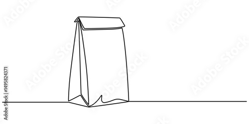 Paper shopping bag in one continuous line drawing vector illustration, Craft paper pack for gift food item packet retail packaging concept vector illustration, Paper package black linear sketch. 