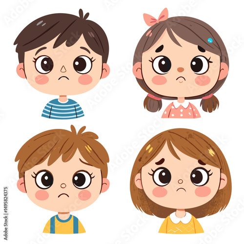 Cartoon children with sad expressions in colorful backgrounds  