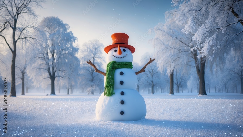 Obraz premium A cheerful snowman surrounded by a winter landscape.