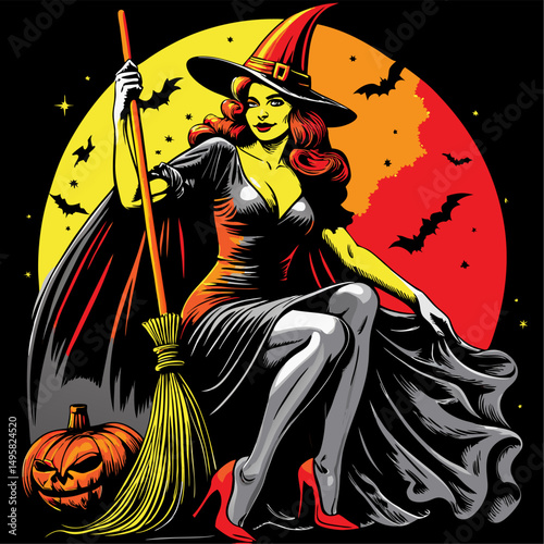 Glamorous pin up witch on broomstick under blood moon