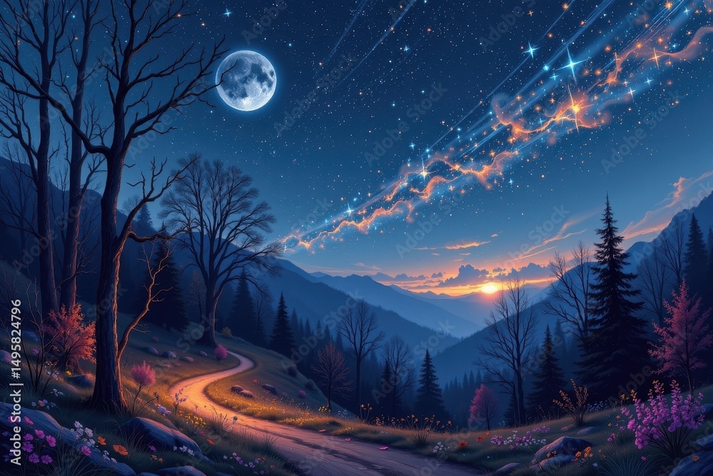 Fototapeta premium celestial inspired scene with a starry night sky and a glowing woodland path