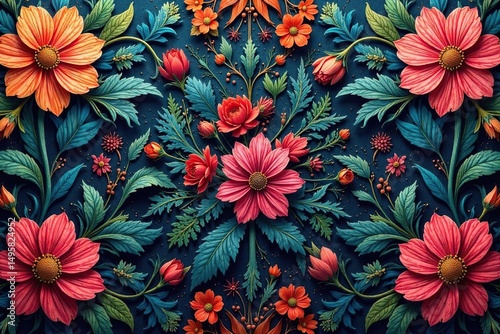 Intricate floral tapestry pattern, rich textures, vibrant hues, textile design, wallpaper