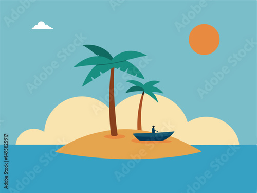 Tranquil Island Scene with Person in Boat Near Palm Trees