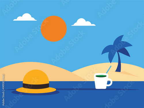 Summer Beach Scene with Yellow Hat Drink and Palm Tree Minimalist Illustration