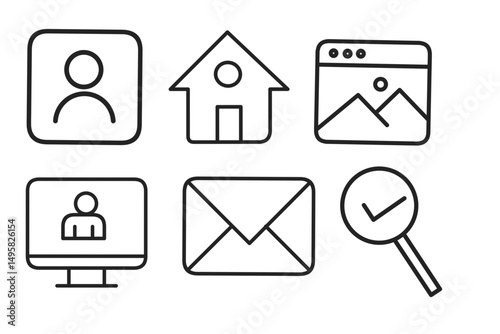 minimal hand-drawn user interface icons set – outline style home, profile, email, gallery, magnifier, website, desktop ui symbols for web and app design