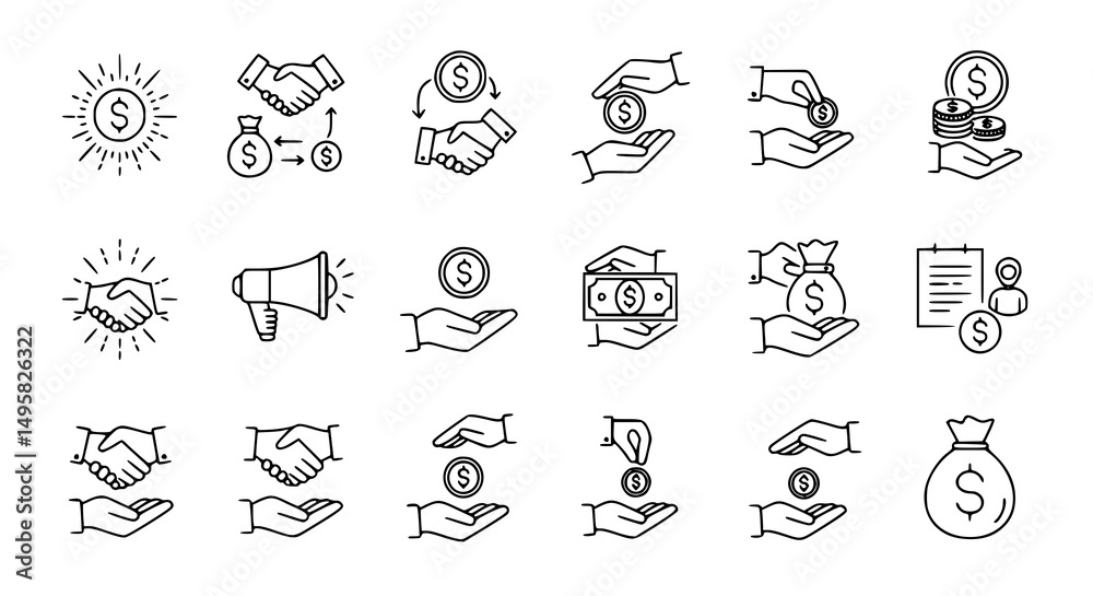 Fototapeta premium Finance Icons: Money Handshake Deal Investment Business Dealmaking