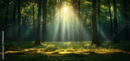Sunbeams Illuminating a Mystical Forest