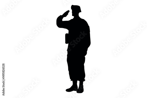Silhouette of a soldier in uniform saluting respectfully against a clean white background
