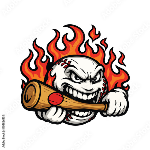 A fierce, cartoon baseball character with an angry expression holds a baseball bat with its white-gloved hands vector on an isolated background