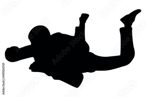 Silhouette of a skydiver in a freefall position with arms and legs spread wide against a white background