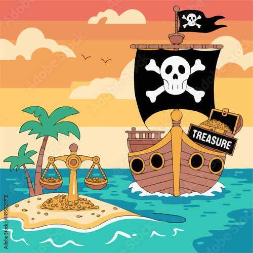 Pirate ship arriving at tropical island with treasure