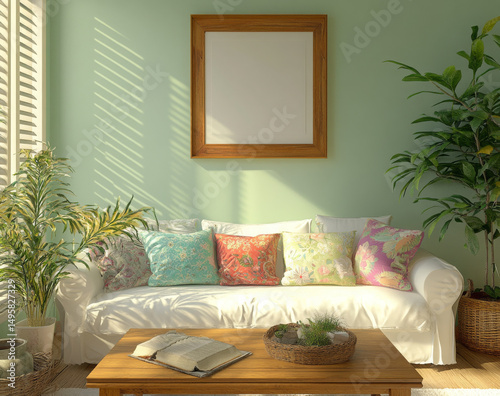 Colorful Throw Pillows and Cozy Sofa Interiors – Modern Home Decor Photography. AI generative.