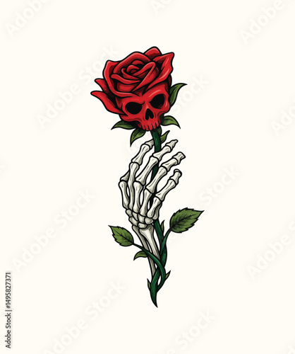 A striking design featuring a vibrant red rose with a skull at its center, intertwined with a skeletal hand vector illustration on an isolated background