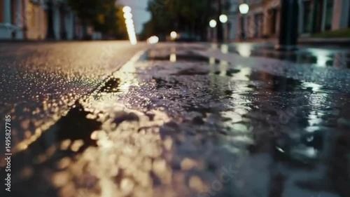 Wet Pavement Urban Night Scene: Tranquil City Streets with Reflections and Bokeh Lights, rain