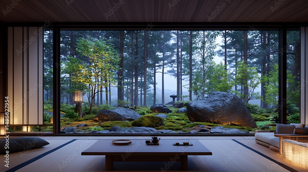 Fototapeta premium Tranquil Japanese-style living room with a view of a misty forest