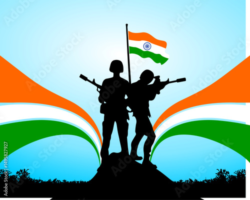 Indian Army Day. Kargil Vijay Diwas. illustration background with silhouette of a soldiers and flag of India - Indian Republic Day - with free Copy space area as background text template 9