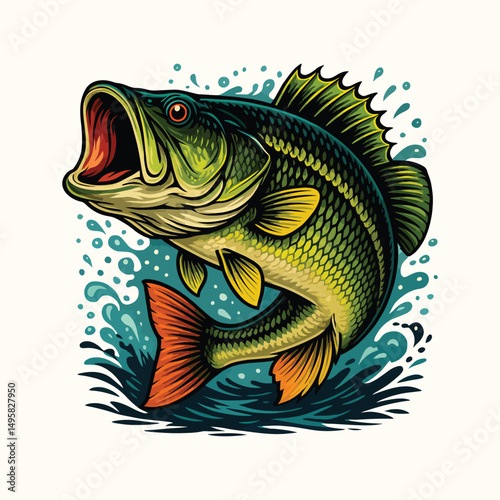 A vibrant, stylized illustration of a Largemouth bass leaping out of water, showcasing its wide open mouth and detailed scales vector on an isolated background