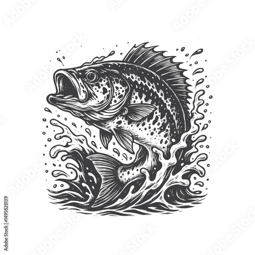 Black and white illustration of a Perch,big bass fish,with water splashes of water around it vector on an isolated background