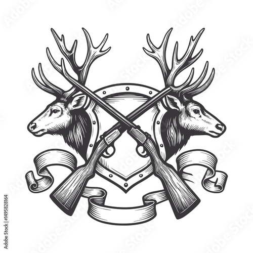 Black and white illustration of two deer heads with antlers, mounted on a shield. Crossed rifles are positioned in front of the shield vector on an isolated background