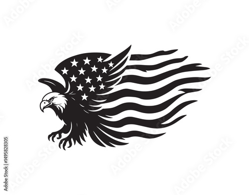 Black silhouette of an eagle with outstretched wings, integrated with a stylized representation of the American flag vector on an isolated background