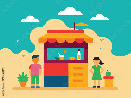 Summer Beach Drinks Stand with Young Boy and Girl Customers
