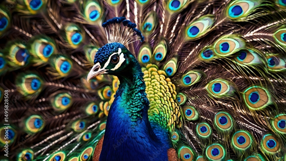 Fototapeta premium close up shot from eye view about a peacock displaying its tail feathers