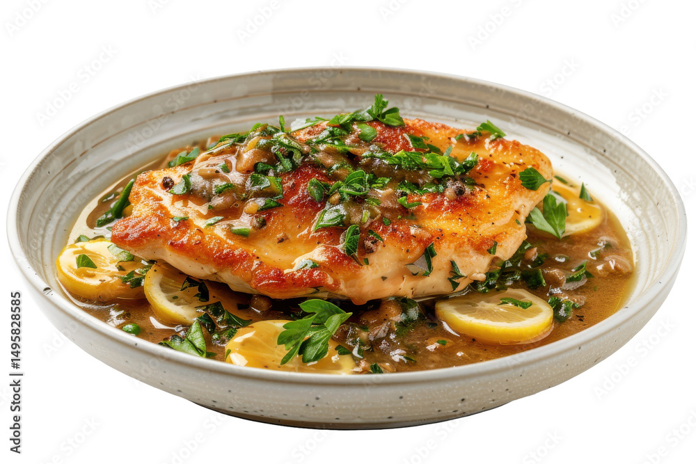 Grilled chicken breast served with lemon slices and fresh herbs in a creamy sauce Grilled chicken breast served with lemon slices and fresh herbs in a creamy sauce