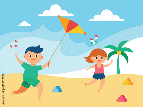 Happy Children Playing with Kite on Sunny Beach Summer Vacation