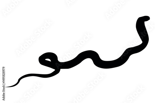 A simple black silhouette of a snake slithering across a clean white background