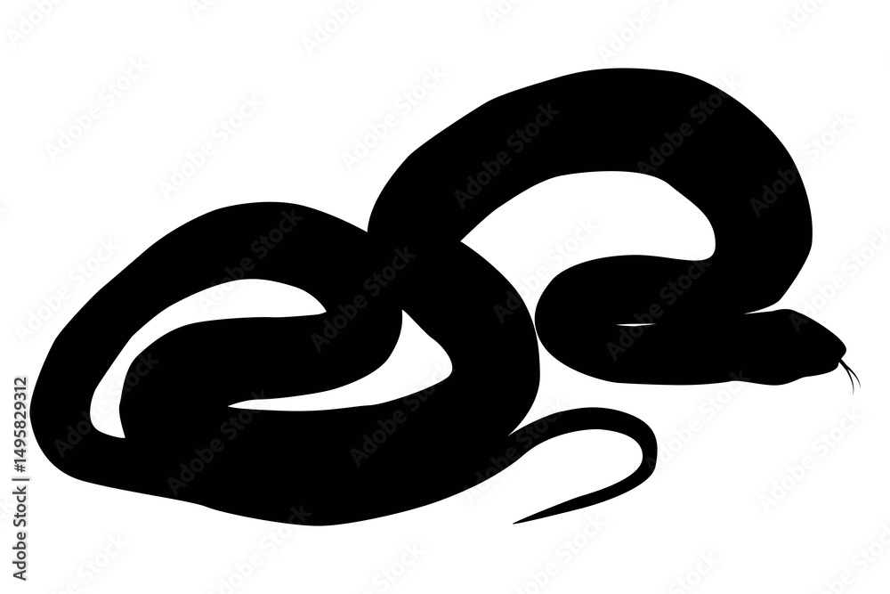 Obraz premium Stylized black silhouette of a coiled snake with its head and forked tongue visible against a white background