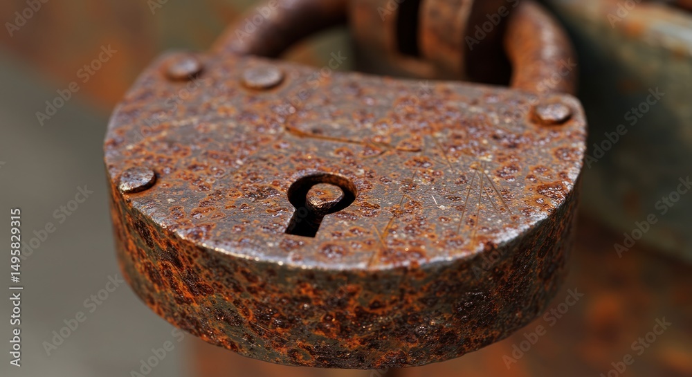 Close-up of a heavily rusted padlock, detail of rust and keyhole, weathered metal texture. Photo Close-up of a heavily rusted padlock, detail of rust and keyhole, weathered metal texture. Photo