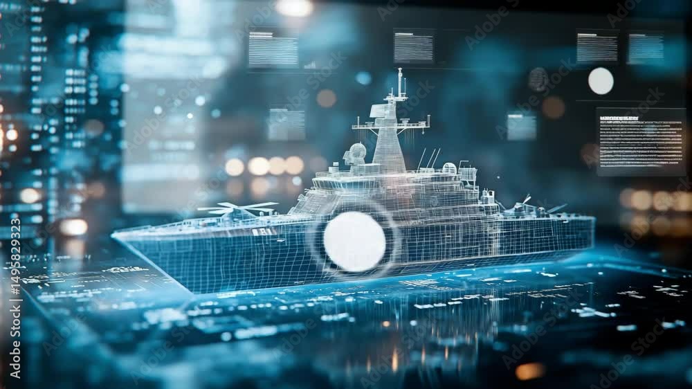 A holographic warship blueprint floats above a luminous data grid on a dark ocean background. Concept of futuristic maritime defense and cybersecurity.