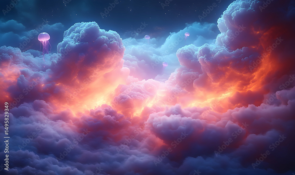 Fototapeta premium Fiery clouds loom in an ethereal sky, lit by glowing light, with jellyfish floating above