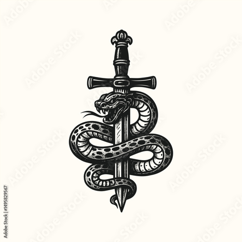 Hand drawn A detailed black and white illustration of a sword with an ornate hilt, entwined by a coiled snake tattoo vector on an isolated background