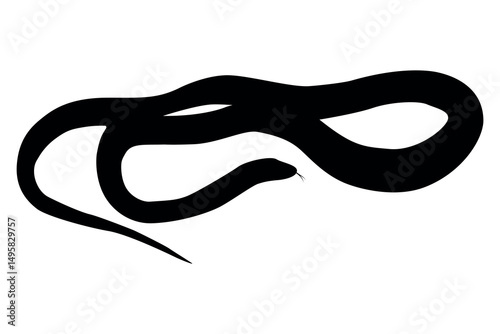 A striking black silhouette of a coiled snake with its tongue flicking out against a clean white background