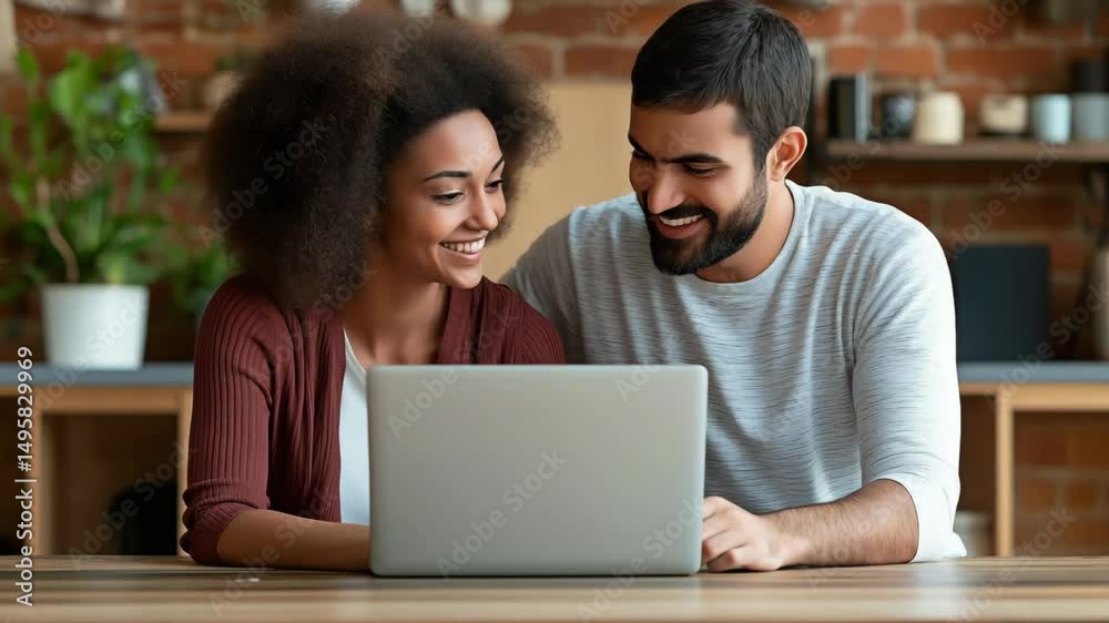custom made wallpaper toronto digitalA happy multiethnic couple sits closely together, smiling while looking at a laptop in their stylish home. Concept of digital connection and shared happiness.