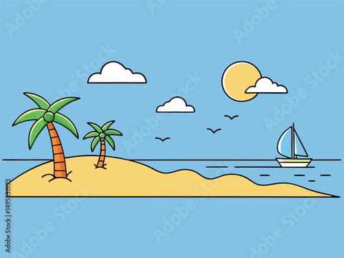Tropical Island Scene with Palm Trees Sailboat and Sunny Sky Illustration