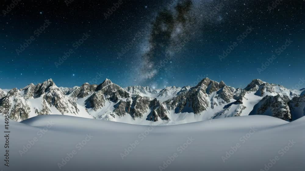 A vast alpine range transitions from crystal-blue daylight to a star-studded sky crowned by the bright milky way. Concept of timeless wilderness beauty and cosmic wonder.