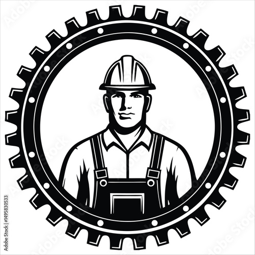Industrial worker icon with gear frame