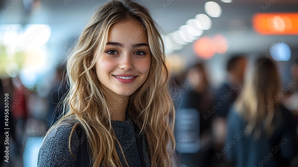Fototapeta premium Young woman networking at a university campus recruitment event