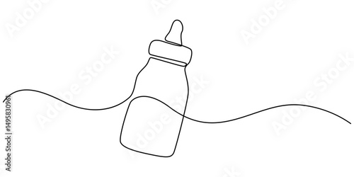 Continuous editable line drawing of baby bottle. Baby milk bottle icon in one line, Continuous one line drawing of baby feeding bottle. Baby drink bottle with love outline vector illustration. minimal