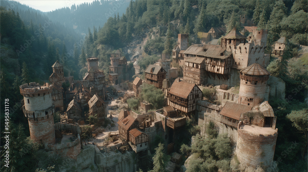 Obraz premium Medieval Village Built on a Hillside Surrounded by Dense Forest During the Late Afternoon