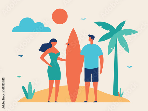 Couple on Tropical Beach with Surfboard Ready for Summer Vacation
