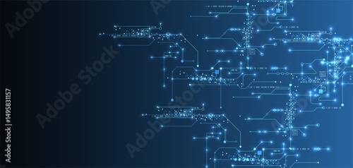 Digital circuit visualization vector background.  Blue board pattern with interconnected lines, nodes, and binary code.