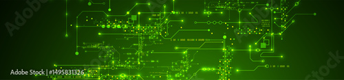 Digital circuit visualization vector background.  Green board pattern with interconnected lines, nodes, and binary code.