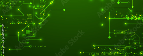 Digital circuit visualization vector background.  Green board pattern with interconnected lines, nodes, and binary code.